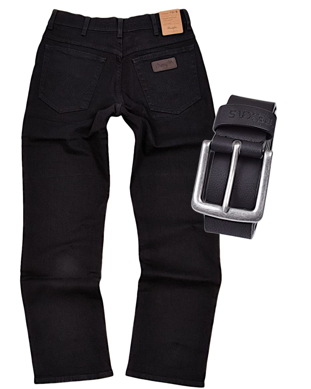 Wrangler Texas Stretch Herren Jeans Regular Fit inkl. Gürtel (W42/L34, Black)