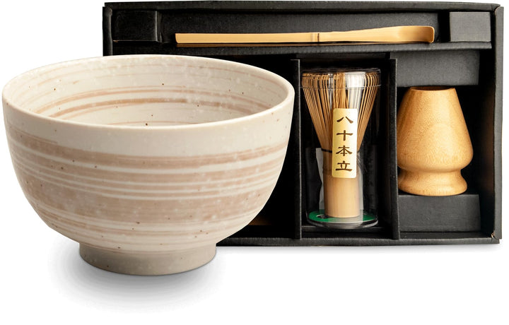 Matcha Set 4 tlg. Original japanische Schale mit Besen &amp; Löffel Edo Japan Geschenkverpackung mit Mat