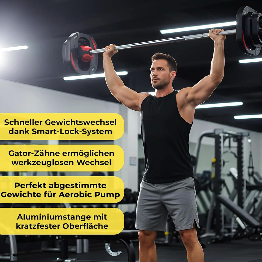 Aerobic Pump Hantelset, Komplettes Langhantelset mit Langhantelstange und Gummi-Scheiben, Enthält 2x