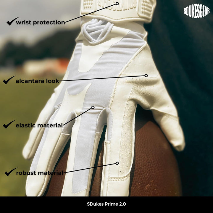 SDukes Prime 2.0 American Football Handschuhe Gloves Receiver Empfänger, Weiss