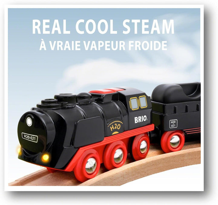 BRIO World 33835 Grosser Baukran mit Licht & World 33884 Batterie-Dampflok mit Wassertank - Lokomoti