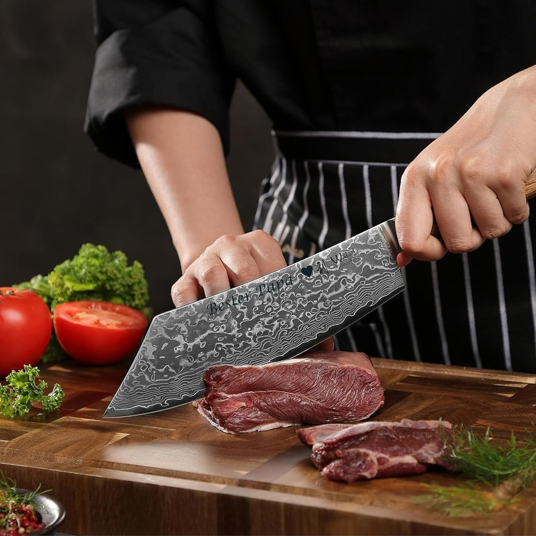 Wakoli EDIB Pro Damast Blockmesser mit Gravur – Personalisiertes BBQ-Messer, 20cm Klinge aus 67 Lage