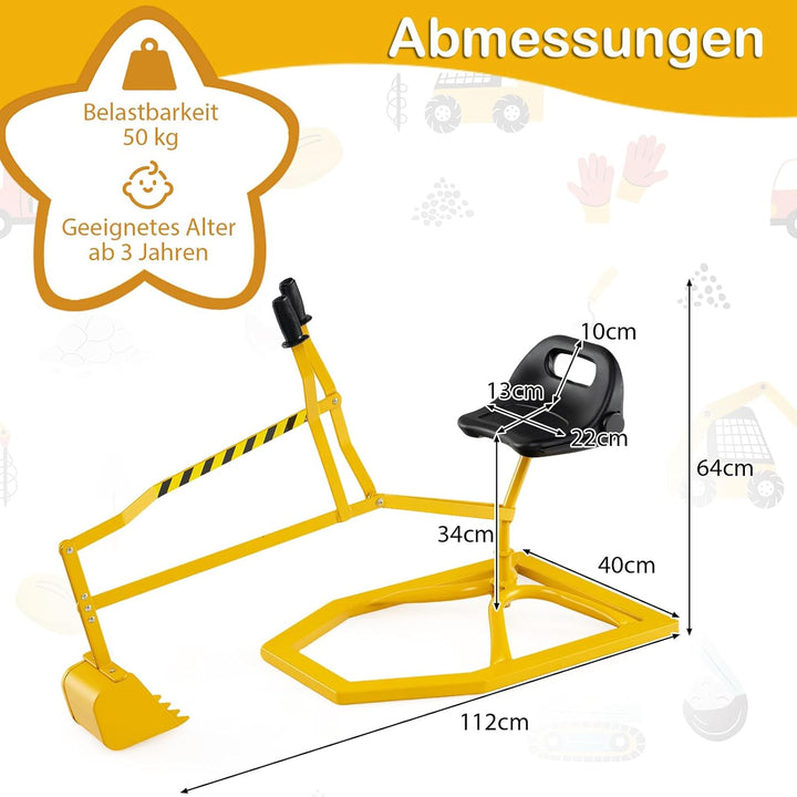 DREAMADE Kinder Bagger für Sandkasten, Metall-Aufsitzbagger mit 360° drehbarem Sitz, Flexibler Schau