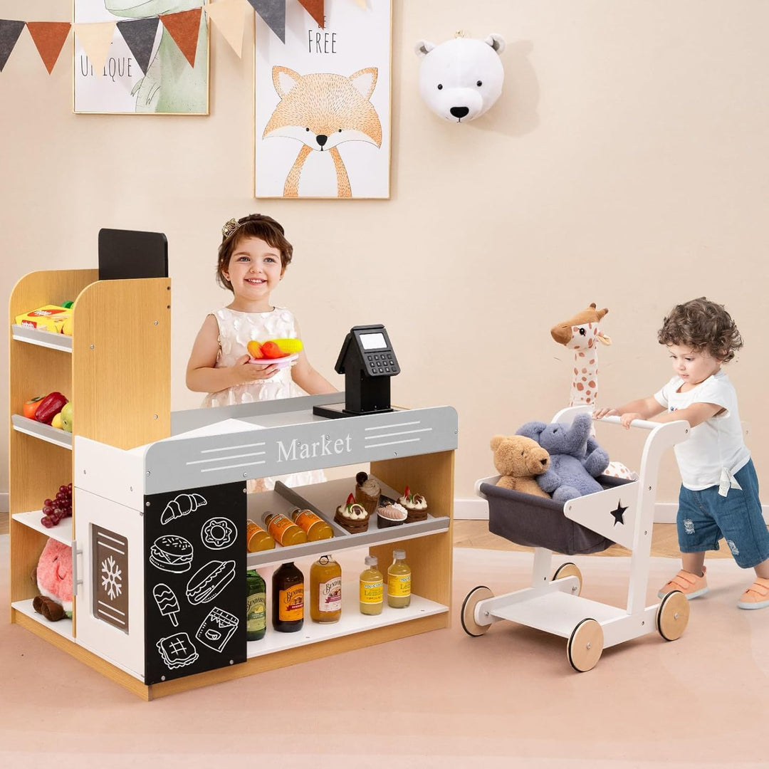 COSTWAY Kaufmannsladen, Kaufladen Kinder mit Einkaufswagen, Supermarkt Holz mit Kasse &amp; 2 Tafeln, Ei