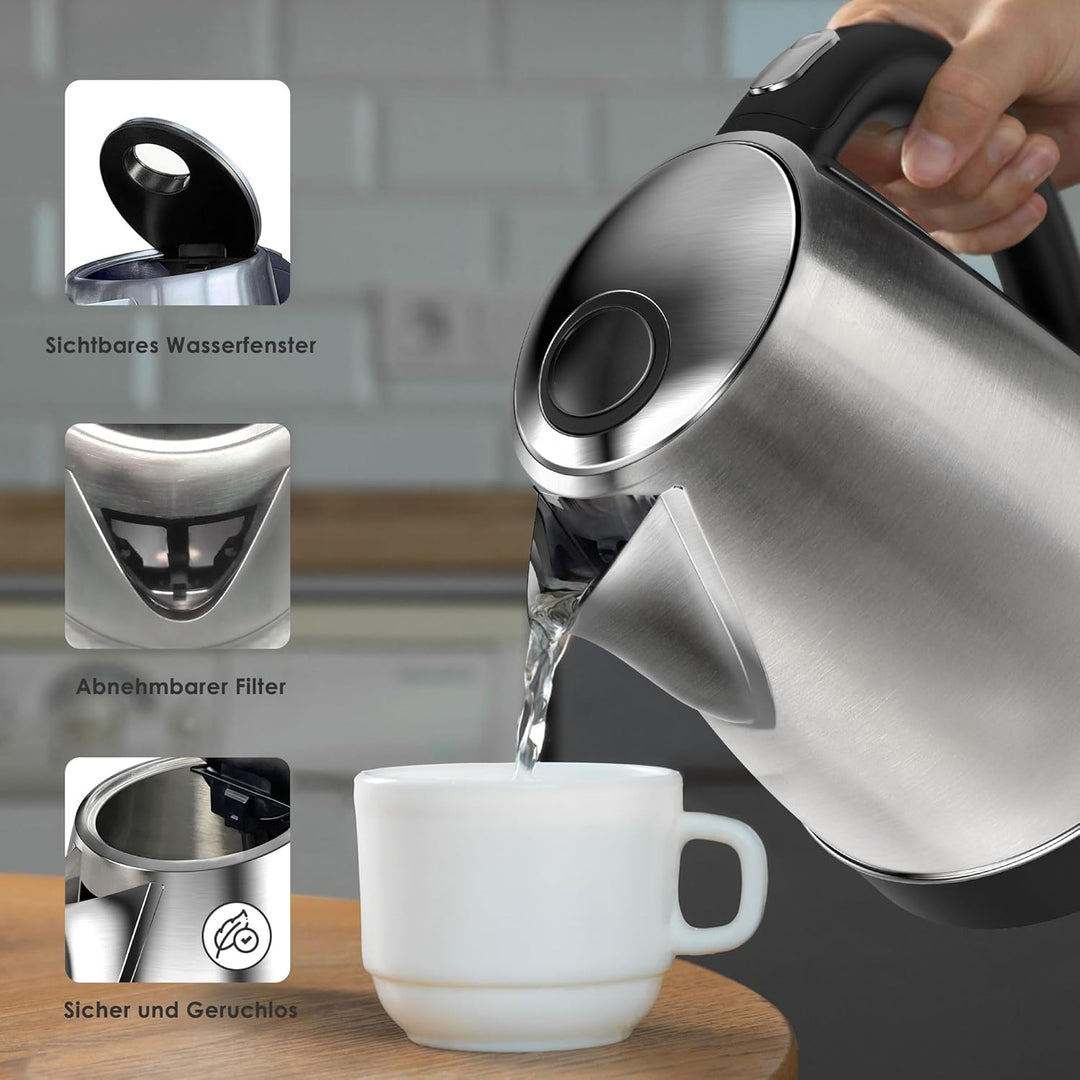KitchenBoss Elektrischer Wasserkocher Edelstahl： 1,7L, 2100W Schnellkoch-Elektrischer Wasserkocher m