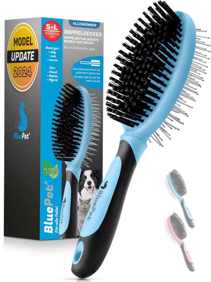 BluePet "DoppelDecker" 2in1 Hundebürste für Langhaar &amp; Kurzhaar - Auch für Welpen &amp; Katzen - Glätten