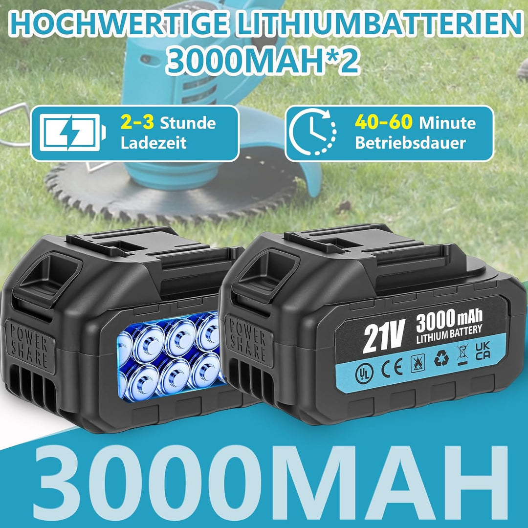 Rasentrimmer mit Akku 21V, Rasentrimmer Elektrisch mit 2X 3.0Ah Akkus und 4 Messertypen, Geräuschpeg