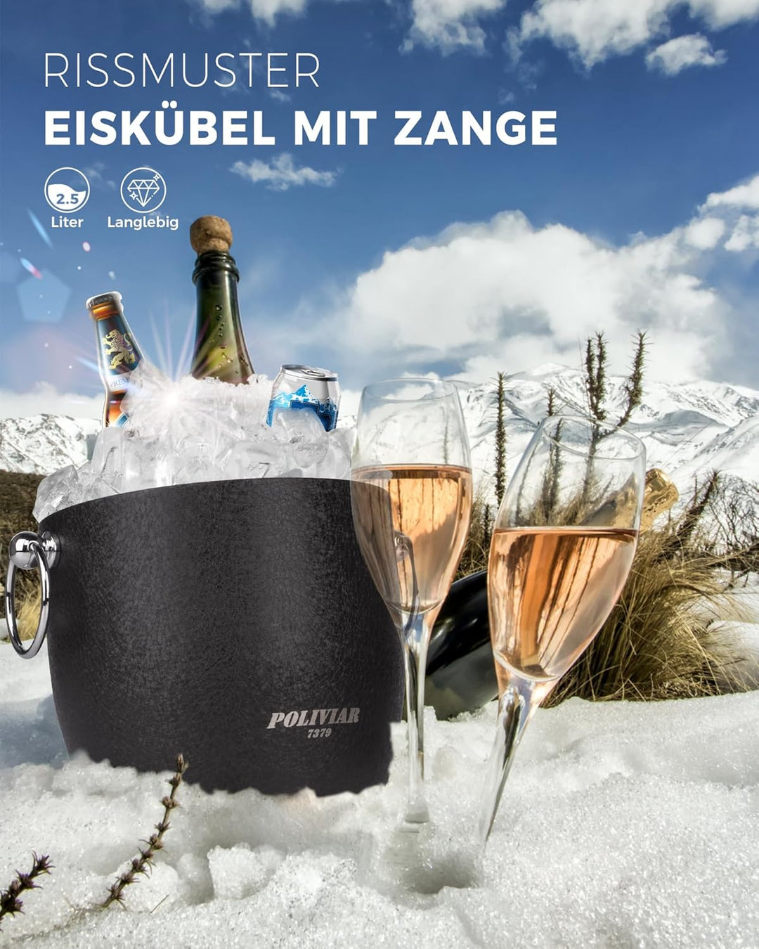 Poliviar Edelstahl Eiswürfelbehälter mit Deckel u. Zange- 2,5 Liter Doppelwandiger Eisbehälter- Eise