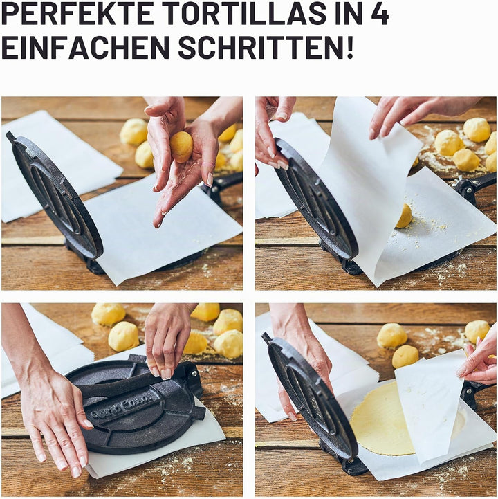 Uno Casa Tortilla-Presse aus Gusseisen, 20,3 cm, mit Tortilla-Wärmer – Set mit vorbehandeltem Quesad