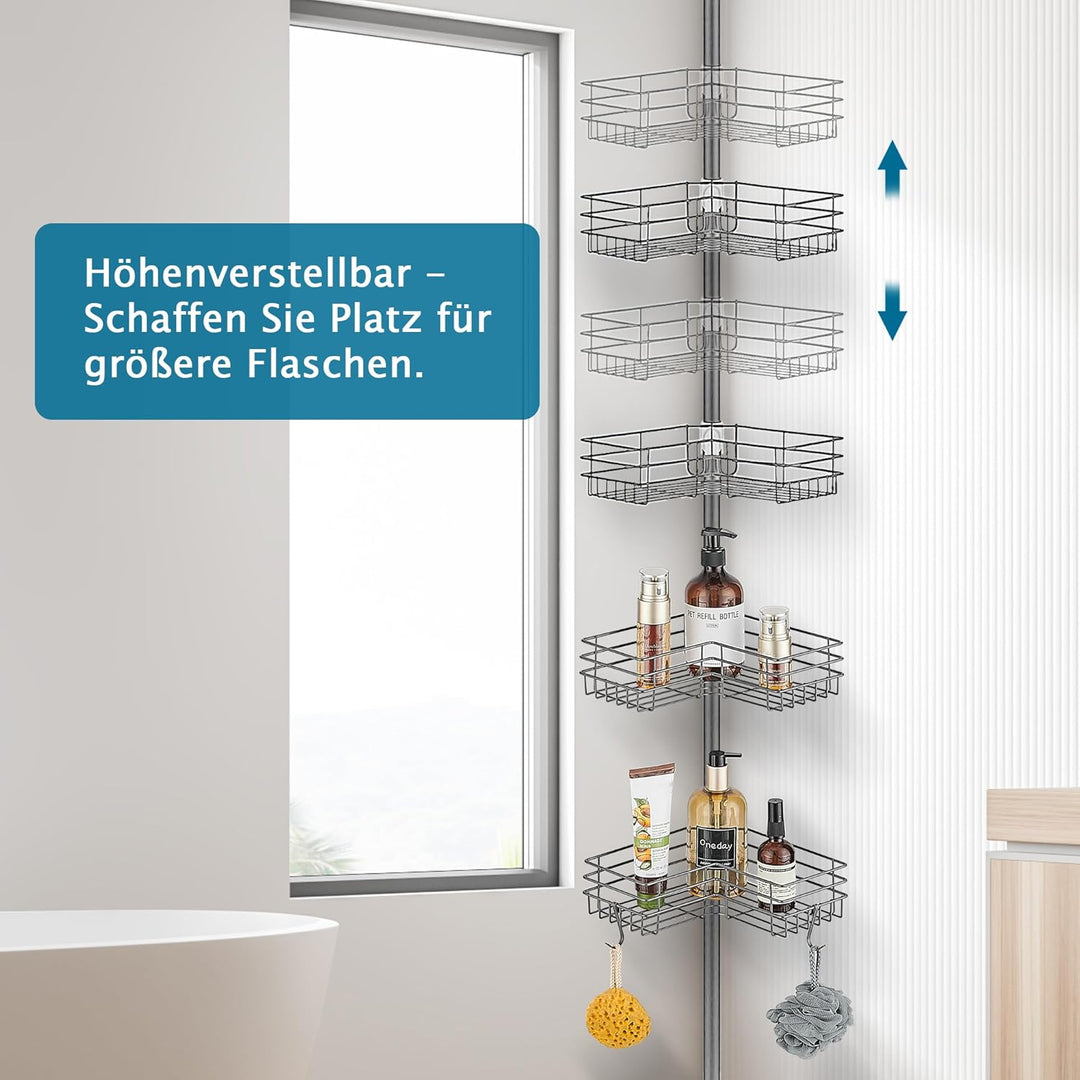 Duschablage ohne Bohren Teleskop Duschregal Metall Eckregal Badregal mit 4 Duschkörben, Höhenverstel