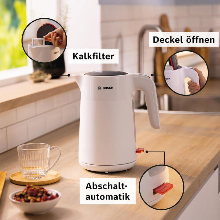 Bosch kabelloser Wasserkocher MyMoment TWK2M161, Abschaltautomatik, Überhitzungsschutz, Tassenanzeig