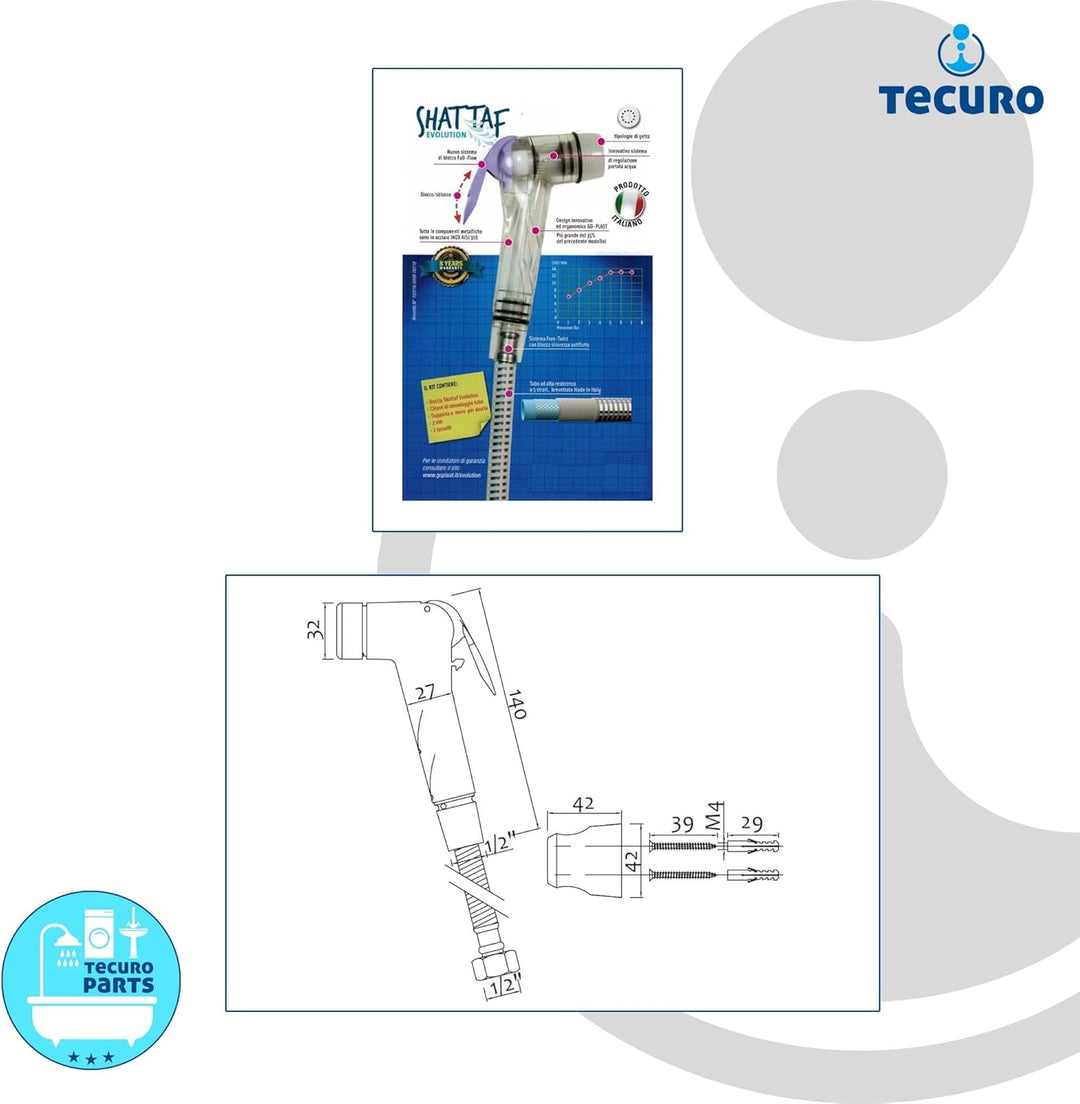 tecuro Bidet WC Handbrause Set SHATTAF, chrom, 1-strahlig, 1,20 m Schlauch und Wandhalter - T1401C,