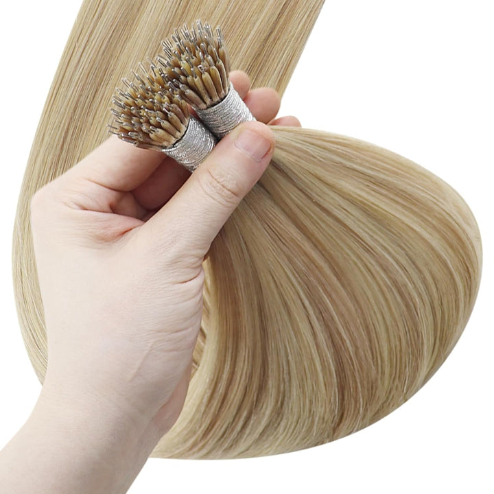 YoungSee Nanoring Extensions Echthaar Blond Nanoring Extensions Goldblond Strahnchen Mittelblond Nan