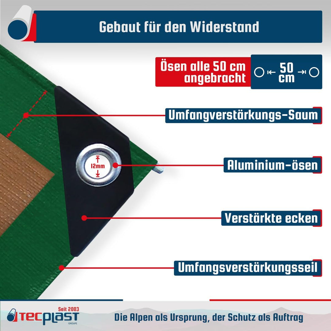 Schutzplane 4x5 m - TECPLAST 250MU - Grün und Braun - Hohe Leistung - wasserdichte Plane - Anti UV-b