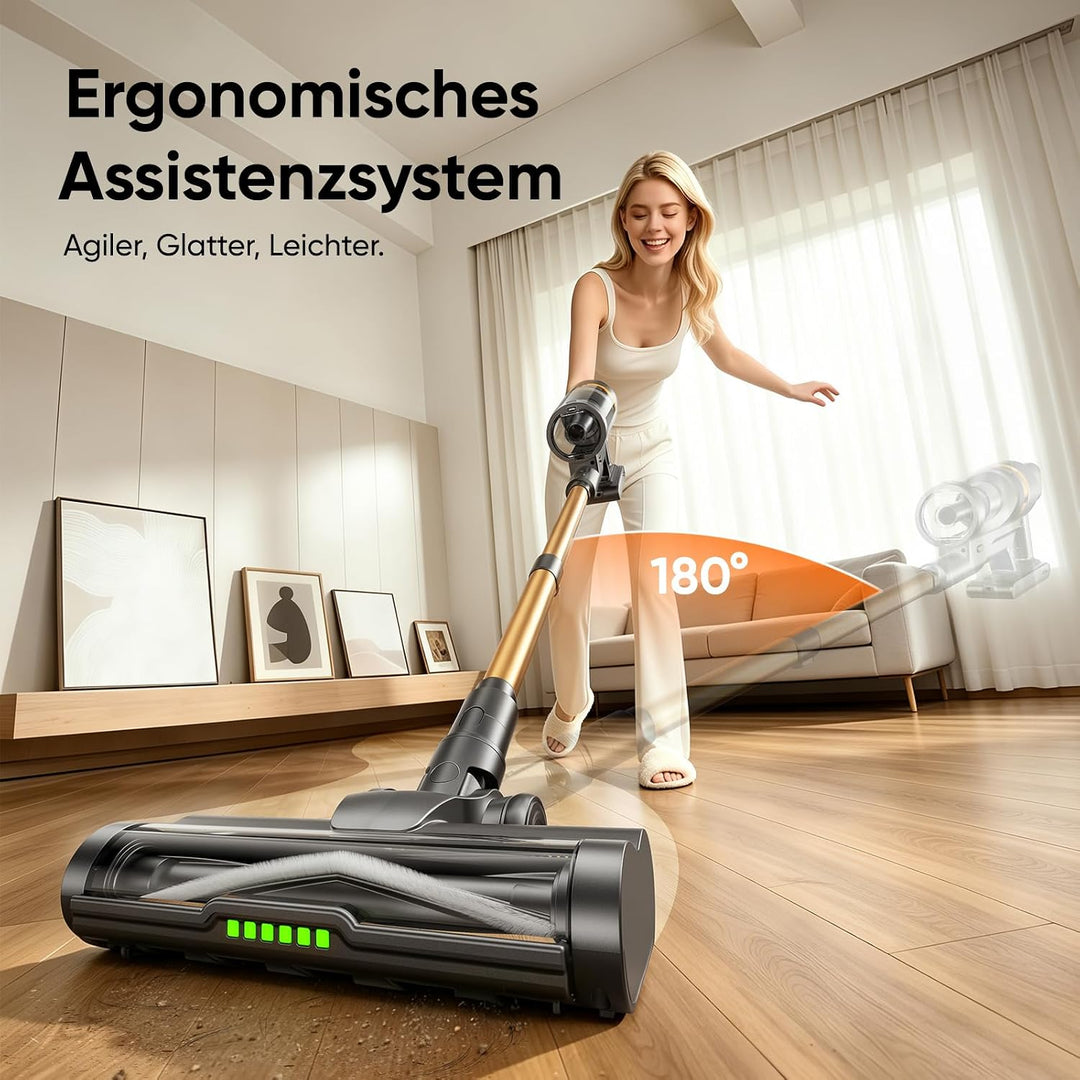 Akku Staubsauger, 650W/65000Pa/75Min, Kabelloser Stielstaubsauger mit Smart LED Display, Selbststehe