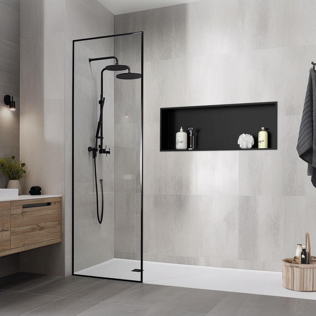 LuxeBath Wandnische aus Edelstahl, 90x30x10 cm, Schwarz, Duschnische mit Rahmen, Einbauregal, Flexib