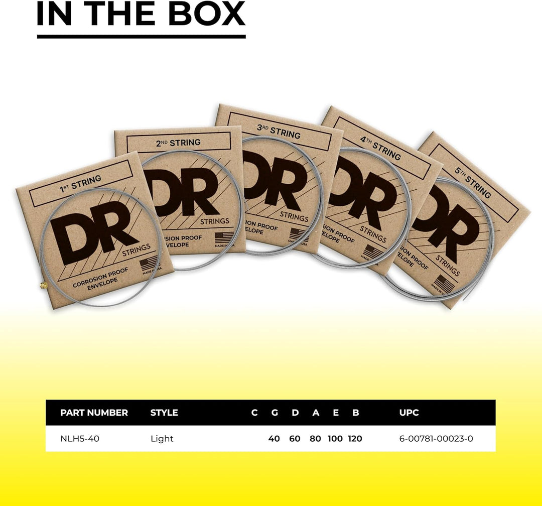 DR Strings NLH540 NICKEL LO-RIDER™ - Nickel Plated Bass Strings: 5-String Light 40-120, Silver NICKE