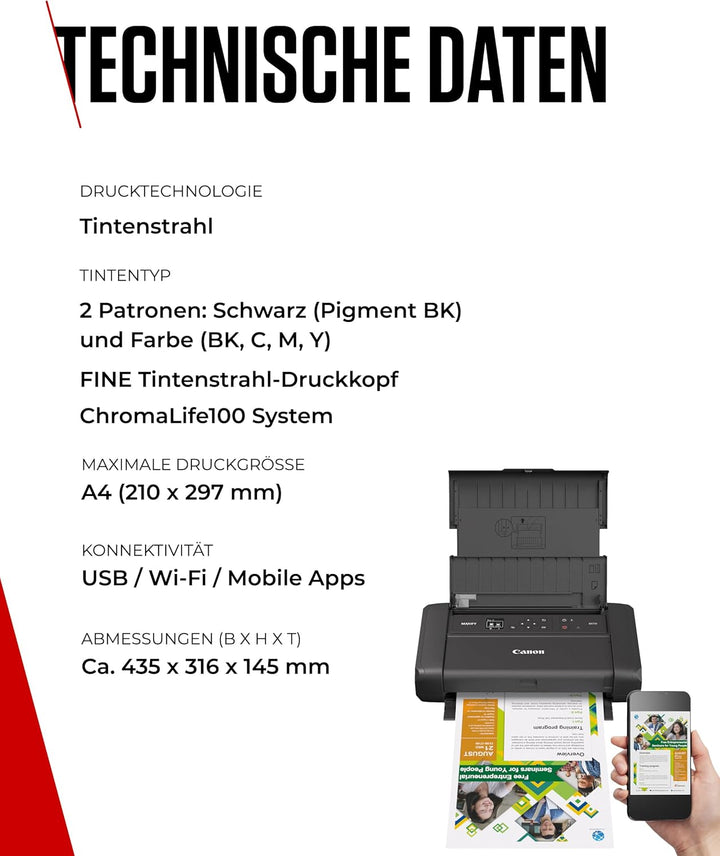 Canon MAXIFY BX110 Mobiler Drucker – WLAN-Drucker mit wiederaufladbarem Akku, druckt bis A4 | Perfek