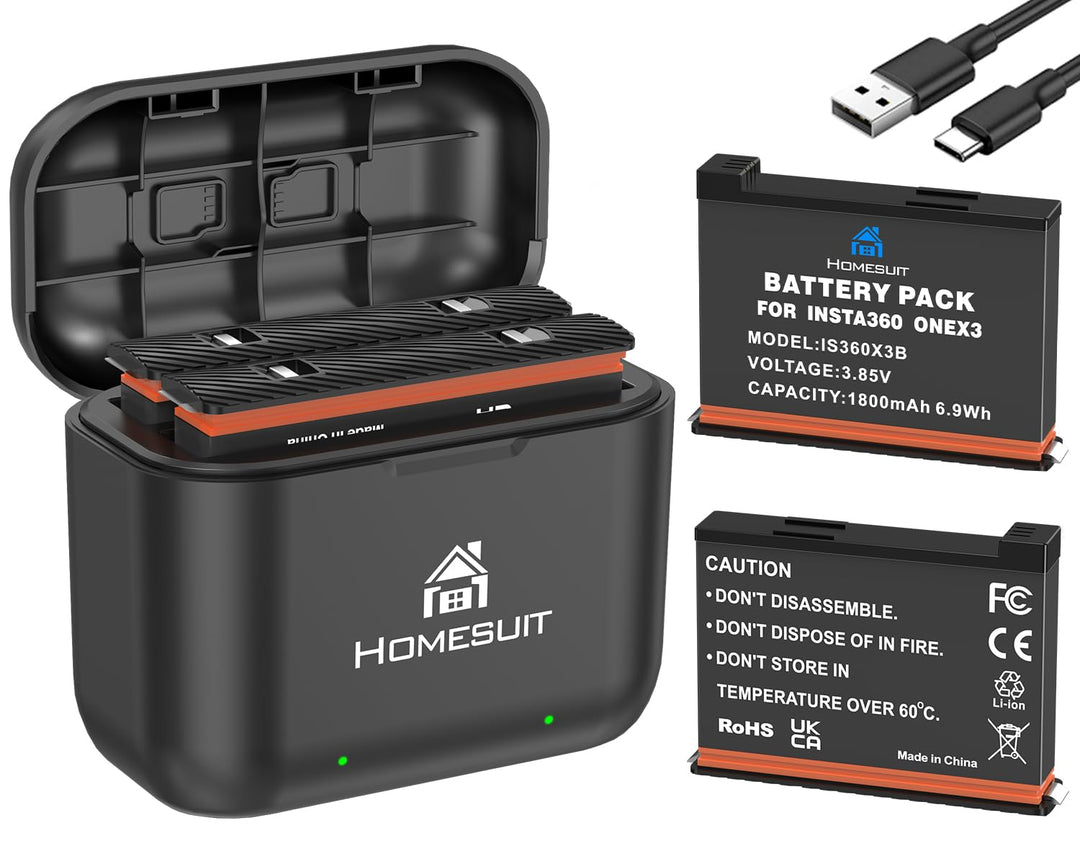 Homesuit Insta360 X3 Ersatz Akku 1800mAh und USB Ladegerät kompatibel mit Insta360 ONE X3 Kamera (2-