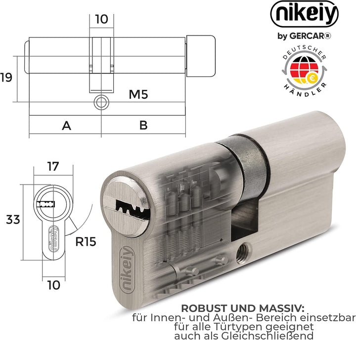 GERCAR Pro 3x Schliesszylinder 40/40 gleichschliessend Set 3 Profilzylinder inkl. 15 Schlüssel - 80