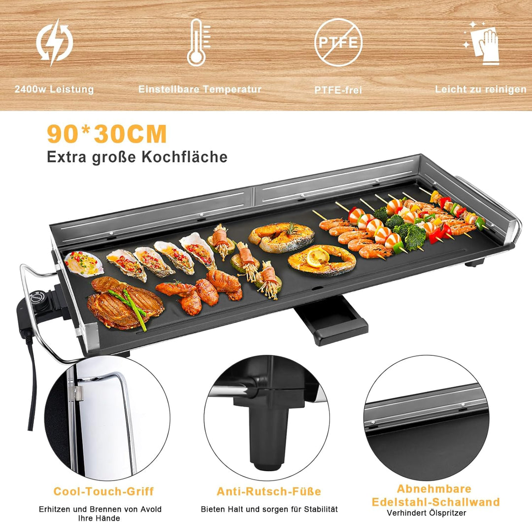 AEWHALE Tischgrill Elektrisch,XXL Plancha-Teppanyaki Grillplatte 2400W mit Wind-/Spritzschutz aus Ed