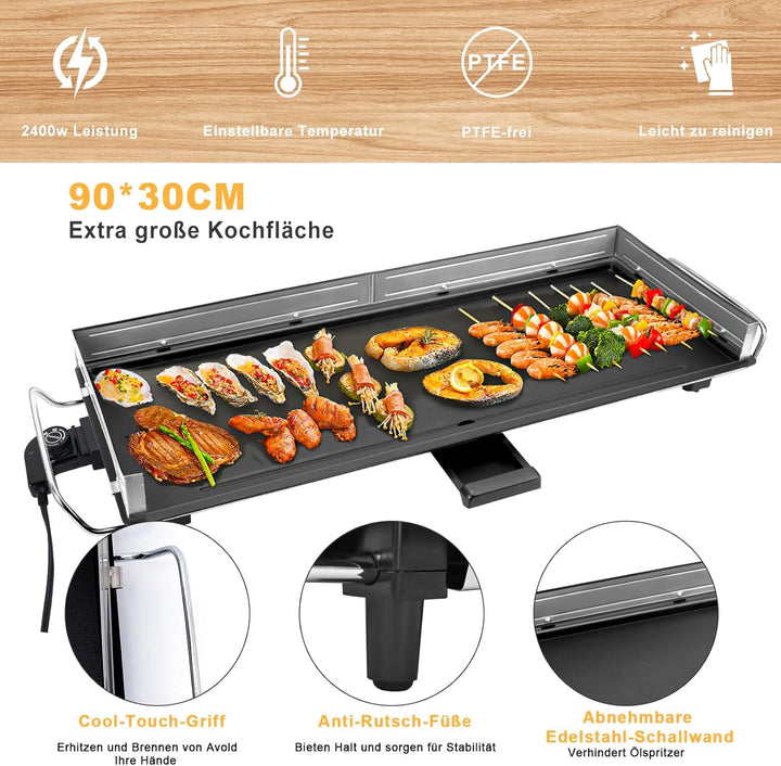 AEWHALE Tischgrill Elektrisch,XXL Plancha-Teppanyaki Grillplatte 2400W mit Wind-/Spritzschutz aus Ed