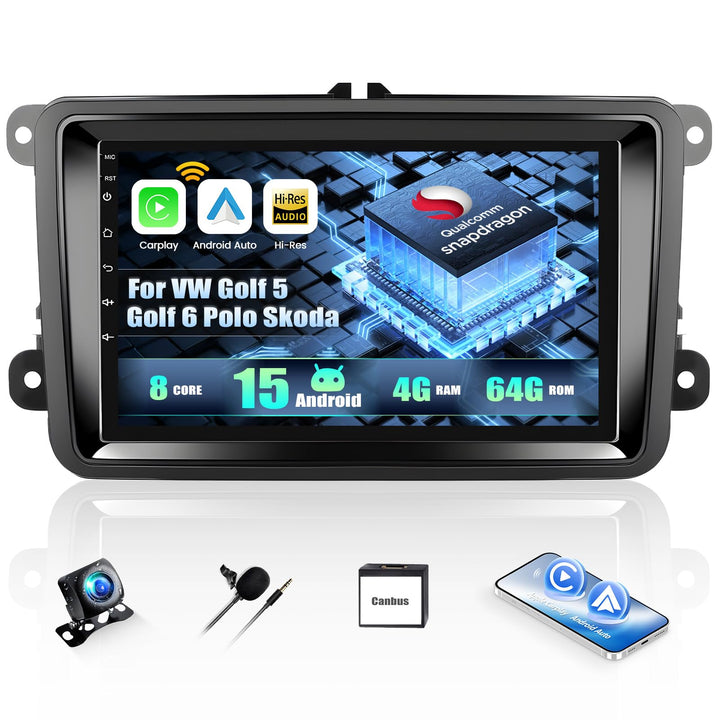 CAMECHO Android 15 Qualcomm Octa Core 4G+64G Autoradio für VW Golf 5 Golf 6 Polo Skoda mit Carplay A