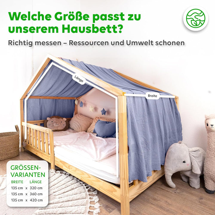 Hausbett Himmel mit Gold Applikation [in 12 Farben] Betthimmel Hausbett aus 100% Baumwolle Musselin