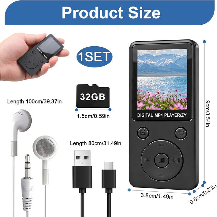 MP3 Player Bluetooth 5.0 32GB mit Lautsprecher, 70 Std Musikplayer Verlustfreier Sound, 1,8 Zoll TFT