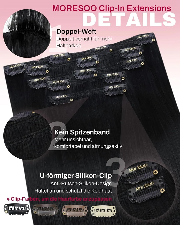 Moresoo Clip in Extensions Echthaar Schwarz Doppelt Tressen Echthaar Extensions Clip Glatt Dick Haar