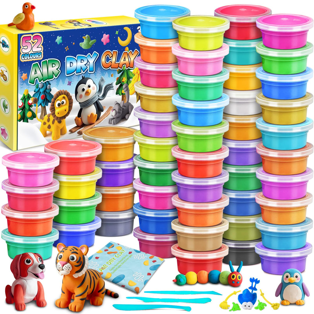 Modelliermasse Lufttrocknend, 52 Farben Lufttrockener Magischer Knete für Kinder, Air Dry Clay, 52 F