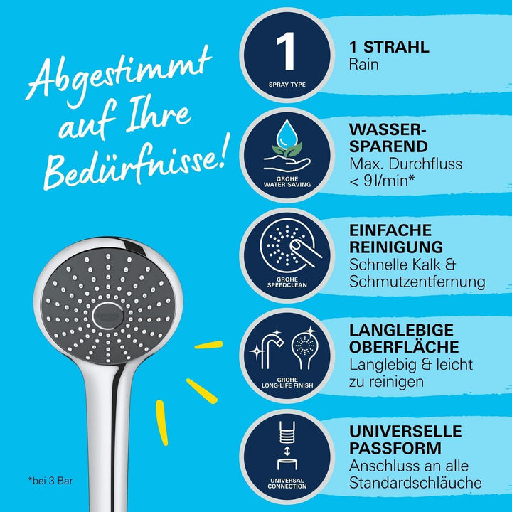 GROHE Vitalio Joy 110 - Handbrause (wassersparend, mit 1 Strahlarten, Antikalk System), rund, chrom,