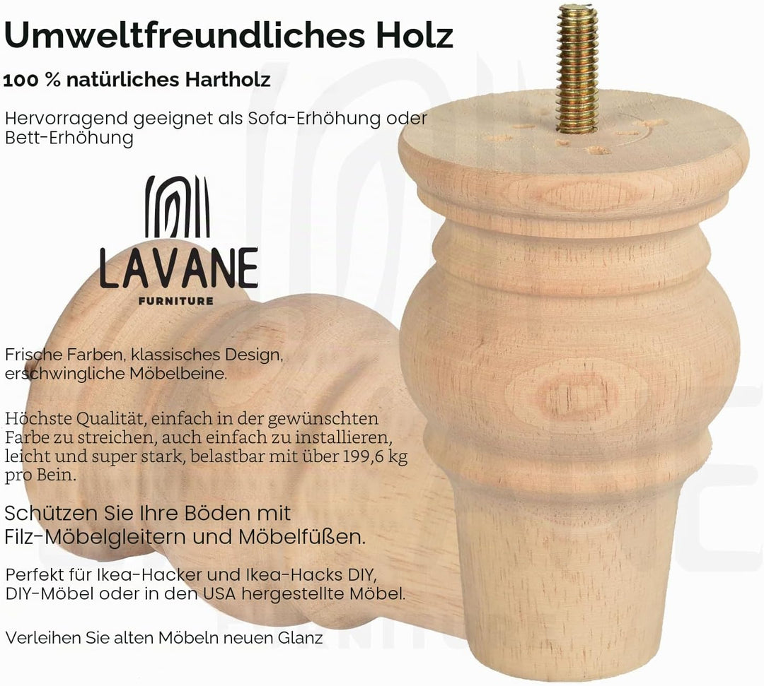 LA VANE 4 Stück Möbelfüsse aus Massivholz - 10cm Höhe, Unlackiert, Spindelform mit M8 Bolzen &amp; Monta