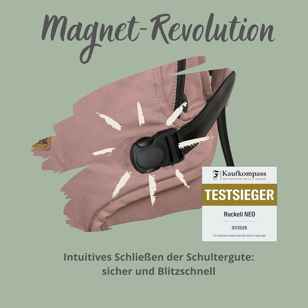 Ruckeli NEO Babytrage, Black Superior | Innovative Magnet-Schnallen, Integrierter Hüftsitz, Ergonomi