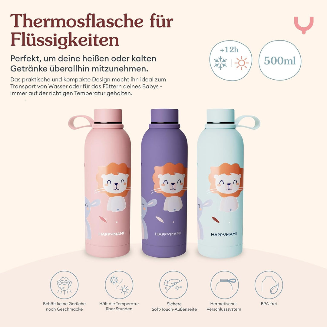 Happymami Premium Baby-Erstausstattung: 2 Anti-Kolik Flaschen, Edelstahl Thermosflasche, Milchpulver