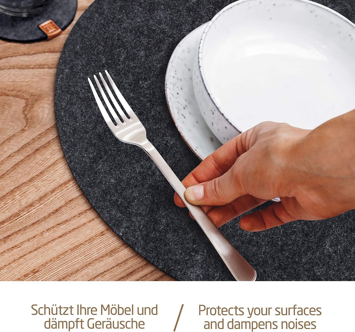 MIQIO® Design Runde Tischsets aus Filz abwaschbar | Mit Echtleder Markenlabel und Glasuntersetzer |