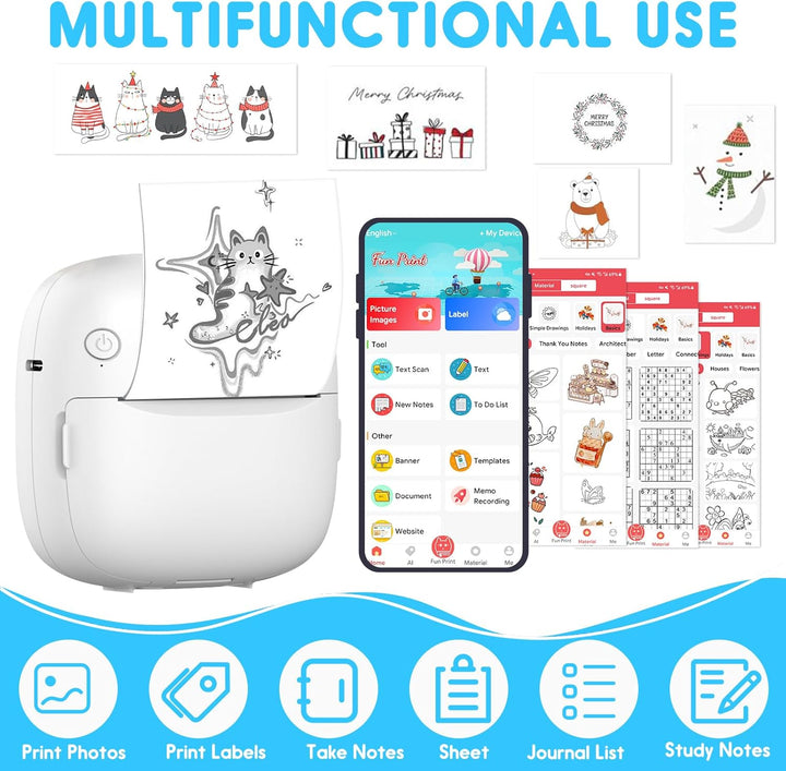 Mini Drucker, Tragbarer Mini Fotodrucker Thermodrucker Smartphone Taschendrucker, Mobiler Fotodrucke