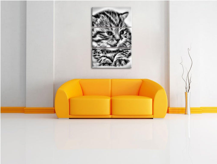 Pixxprint kleines Kätzchen auf weisser Decke als Leinwandbild/Grösse: 3 Teilig (120x80) / Wandbild/K