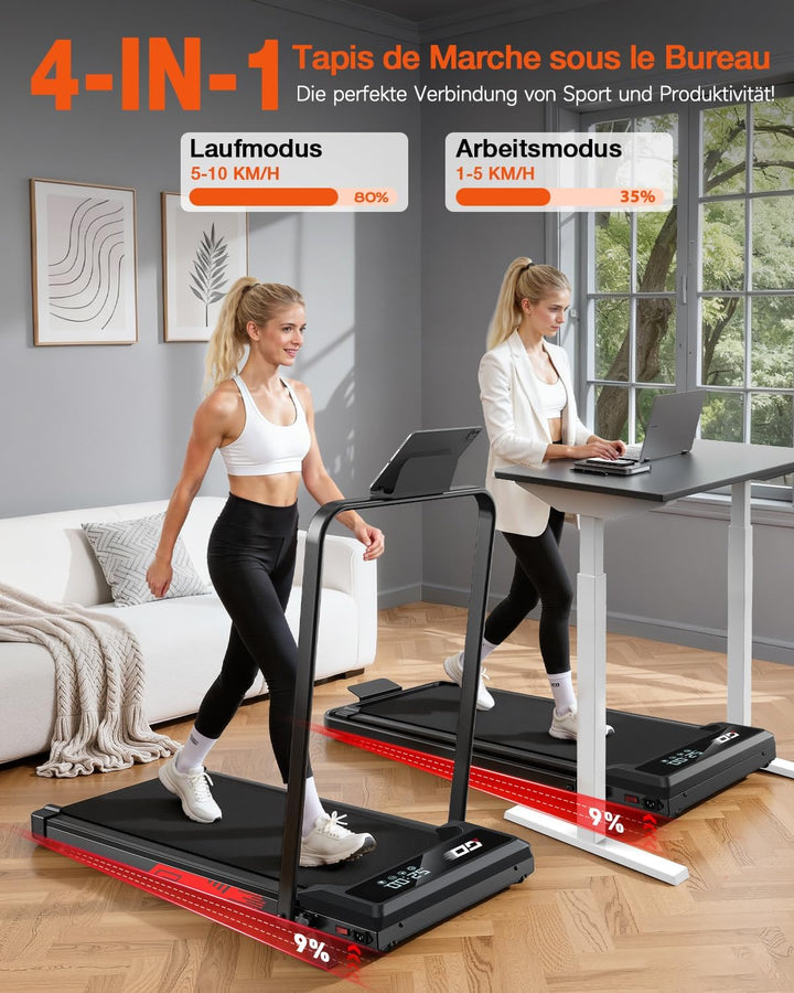 Walking Pad Laufband klappbar mit 9% Steigung und 1-10 km/h, leiser bürstenloser 3,0-PS-Motor, bis 1
