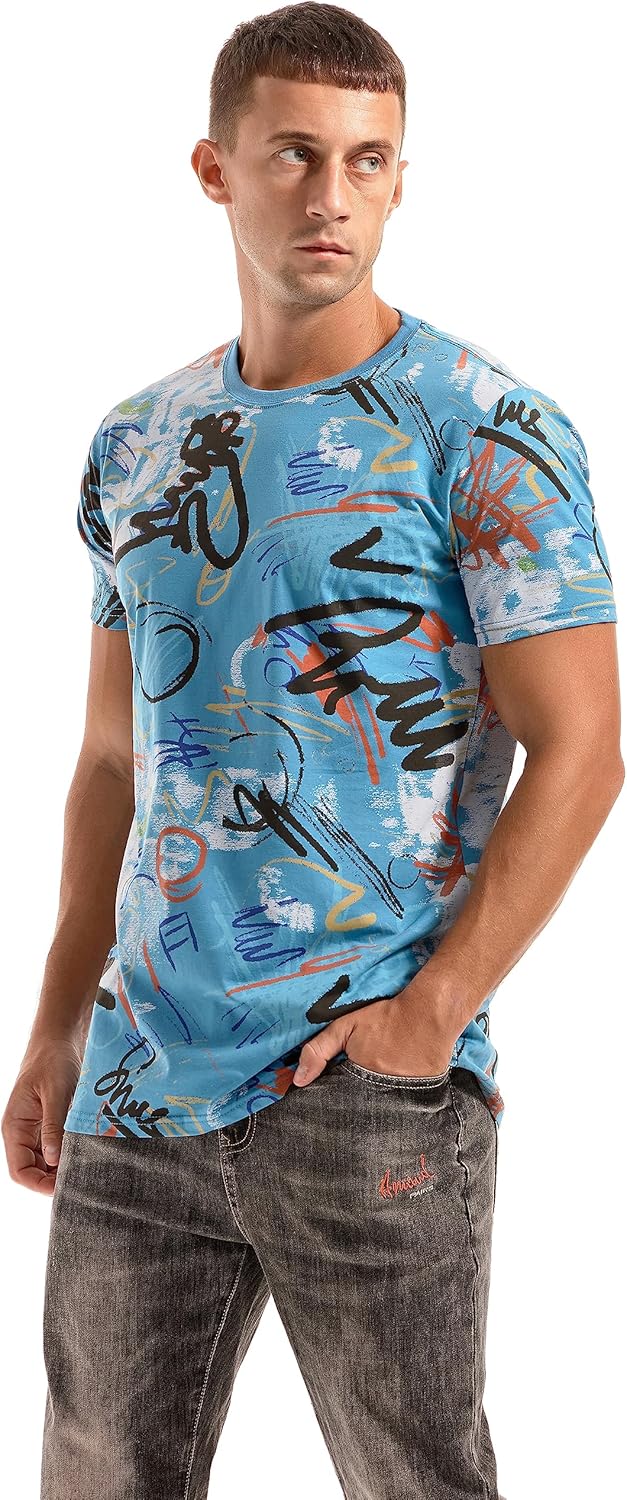 RONOMO Herren Mode Krawatte Dye T-Shirt Casual Print T-Shirt Graffiti T-Shirt 3XL Ty Blau, 3XL Ty Bl