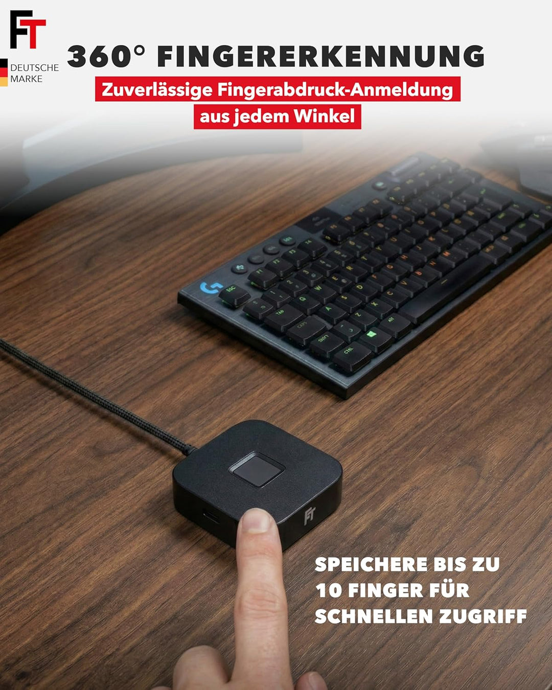 FeinTech FPS400 USB 3.0 Hub mit Fingerabdruck-Sensor für Windows Hello mit USB-Hub, mit USB-Hub
