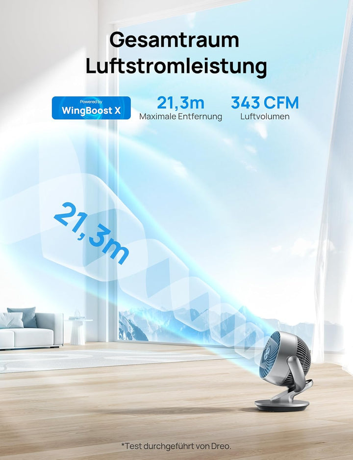 Dreo 28dB Leiser Smart Tischventilator, 18cm Durchmesser 4 Geschwindigstufen 5 Modi 12H Timer 120°+9