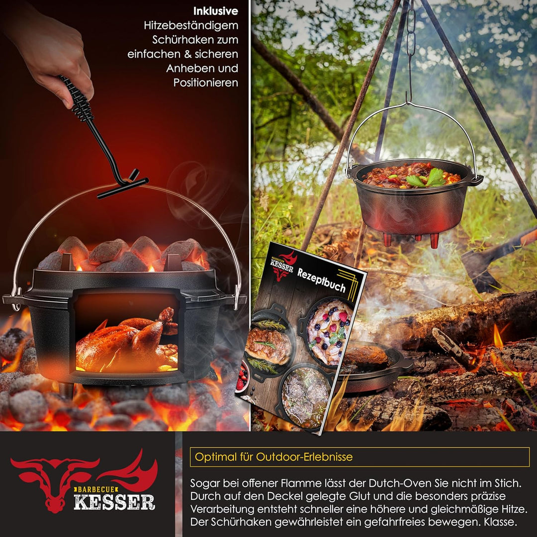 KESSER® Dutch Oven Set BBQ 7,3 Liter, Feuertopf Schmortopf mit Füssen, Gusseisen Topf mit Deckelhebe