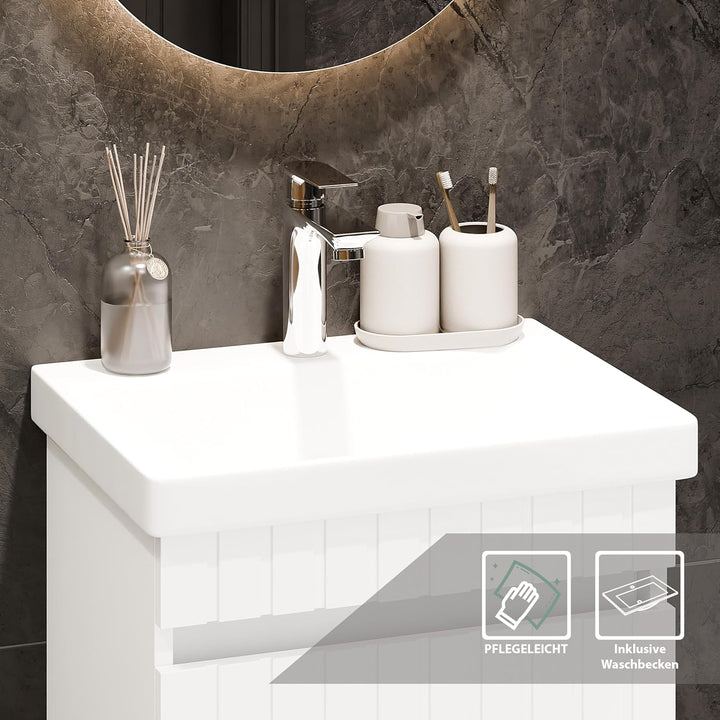 Planetmöbel Cosmia Badmöbel Set Waschbecken mit Unterschrank 50 x 60 x 35 cm Weiss, Spiegel mit Bele