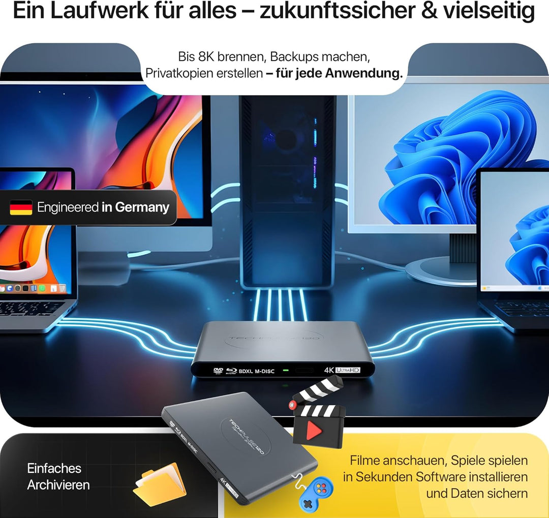 techPulse120 Externes USB 3.1 USB-C UHD 4k 3D M-DISC Blu-ray DVD CD HDR10 128GB Laufwerk Brenner Bur