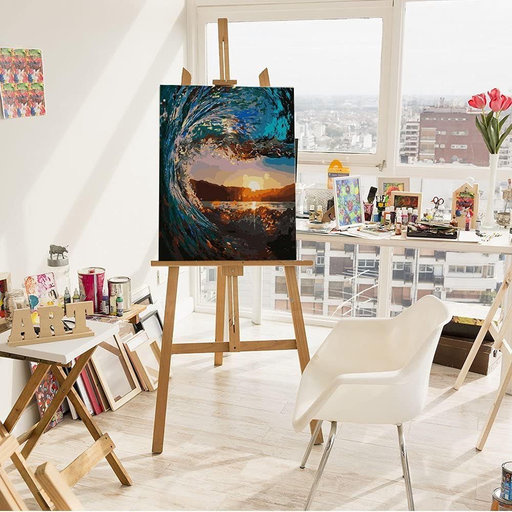 Artnapi Malen nach Zahlen Erwachsene mit Rahmen | DIY Handgemalt | Sonnenuntergang in einer Welle |