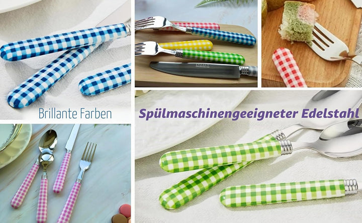 EXZACT Edelstahl-Besteck Set 24 Stück - Gingham Farbige Griffe - 6 x Tafelgabeln, 6 x Tafelmesser, 6