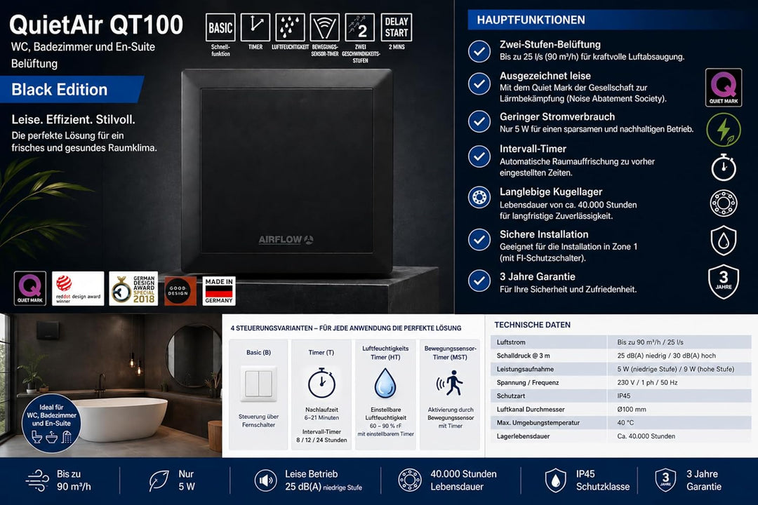 Airflow QT100T Schwarzer Badlüfter – 25 L/s, Einstellbarer Einschaltverzug & Nachlauf, QuietMark‑zer