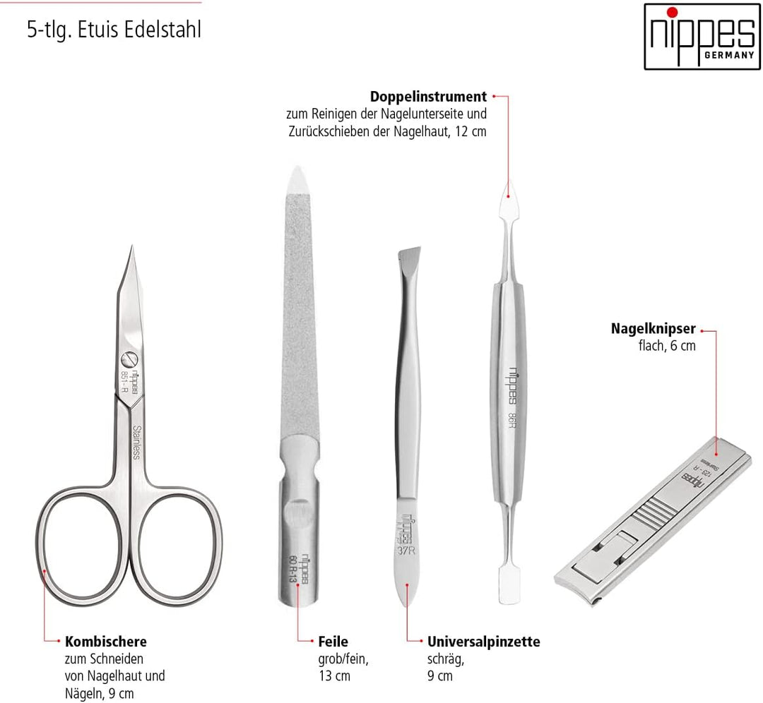 nippes Solingen Premium Line Maniküre Set Tabard, 5-teilig, Edelstahl rost- und nickelfrei, Rindsled