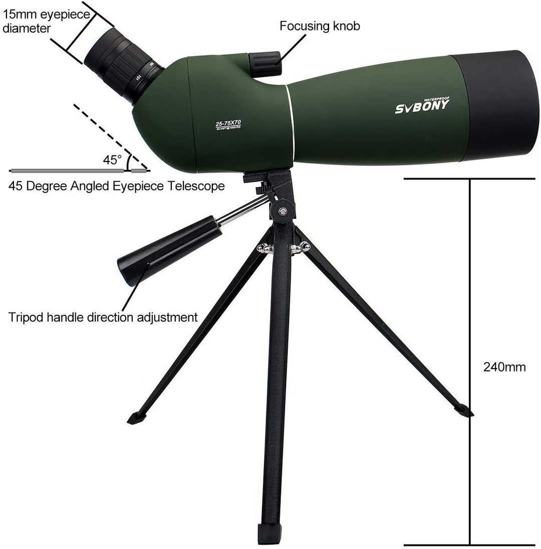 Svbony SV28 Spektiv 25-75x70 Abgewinkeltes Okular Wasserdicht BAK4 Prisma Monokular mit Stativ Handy